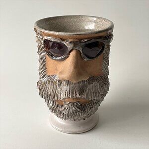 Vintage Leishman Face Mug Bearded Sunglasses Signed Canadian Art Pottery 1982